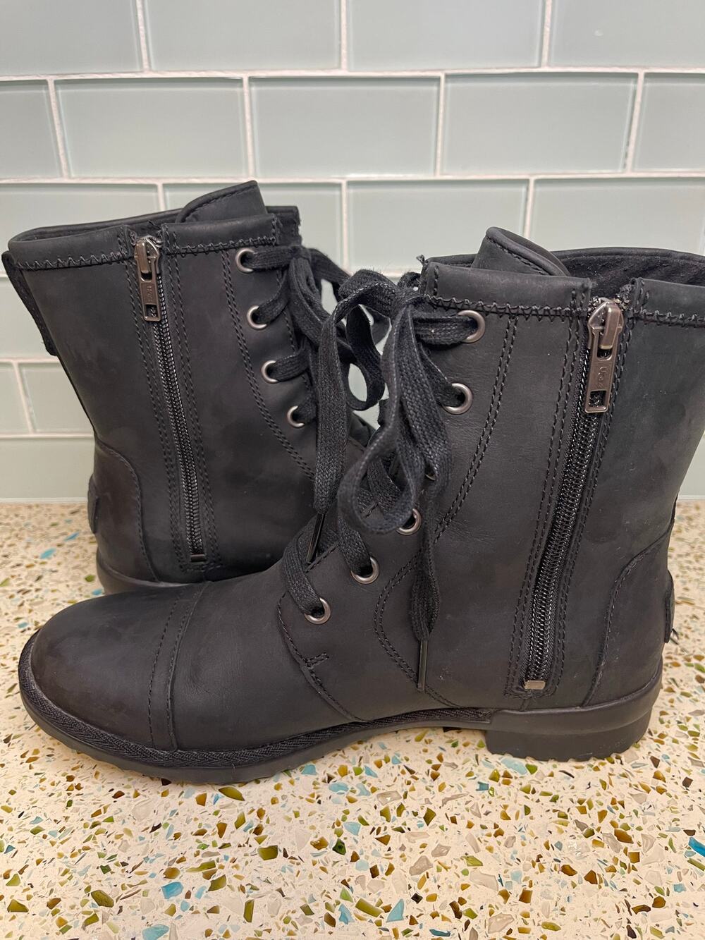 UGG Womens 7 Waterproof Leather Combat Boots Side Zip Cap Toe